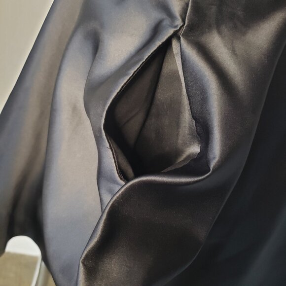 Shiny Black Satin Commense Flare Skirt Dress w Apron Front + Neck Ribbon - Picture 16 of 16